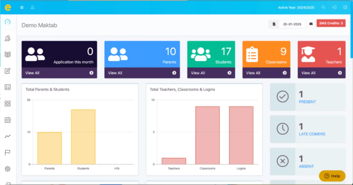 e-maktab demo admin dashboard with sidebar navigation, stat tiles and bar charts