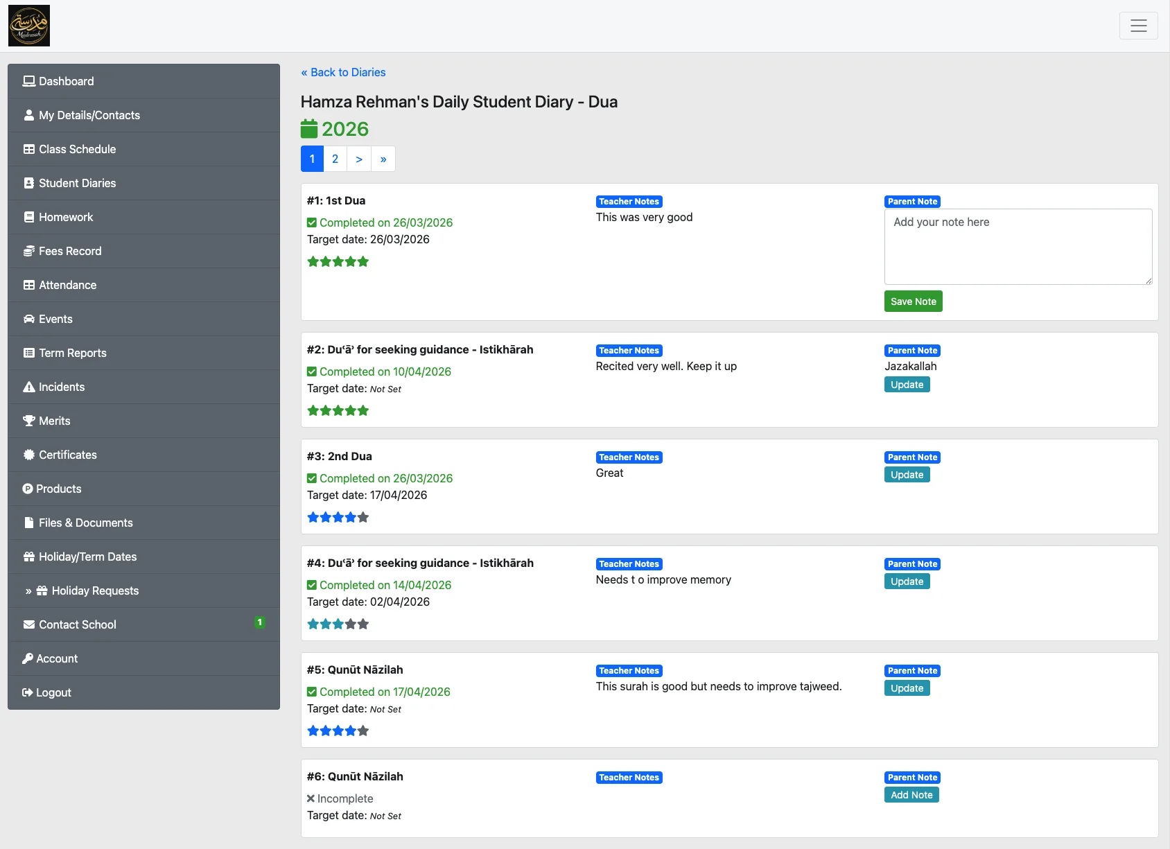 IBEAMS parent portal — student diary view with a sidebar menu and one entry per row