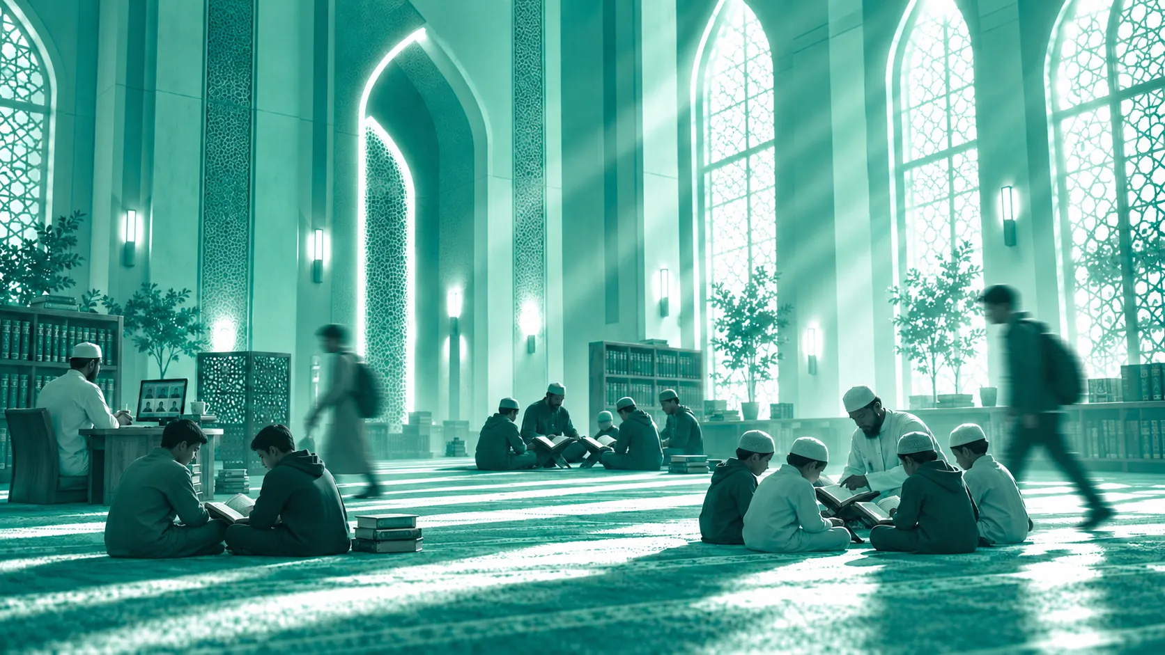 Children reading Qur'an in small circles with their teachers in a sunlit masjid, while an ustadh teaches an online class from a desk