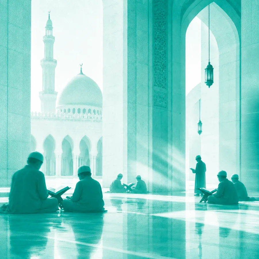 Students reading the Qur'an in a sunlit masjid