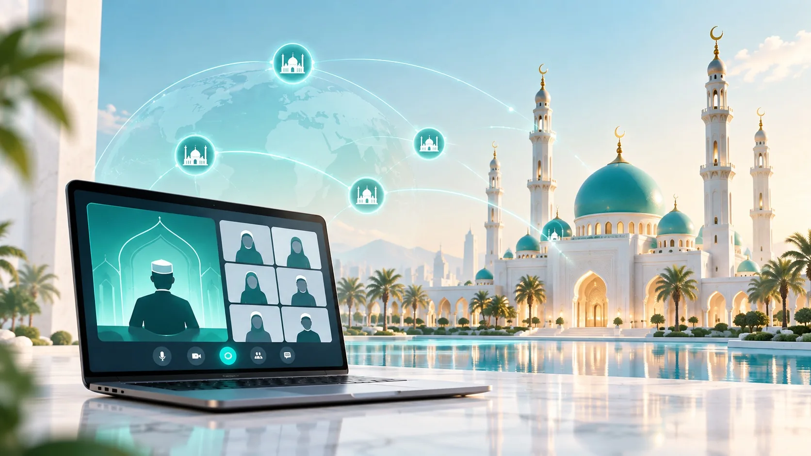A laptop showing an online Islamic class with a teacher and students, in front of a mosque, with glowing lines connecting mosques around the world