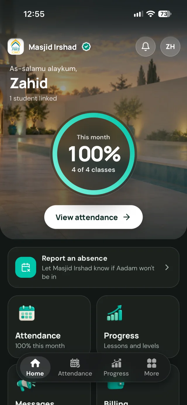 Labbaik parent portal home screen for Masjid Irshad: this month's attendance at 100%, report an absence, and tiles for attendance, progress, messages and billing