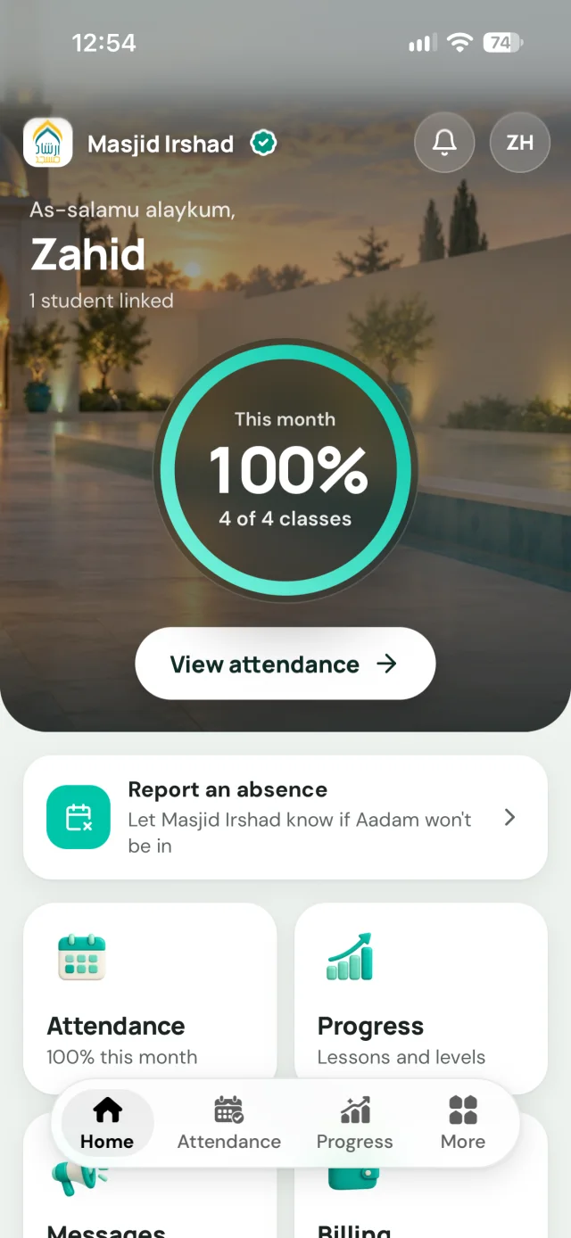 Labbaik parent portal home screen for Masjid Irshad: this month's attendance at 100%, report an absence, and tiles for attendance, progress, messages and billing