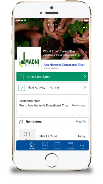 Raziil app home screen for a customer maktab, shown on an older iPhone model with a physical home button and thick bezels