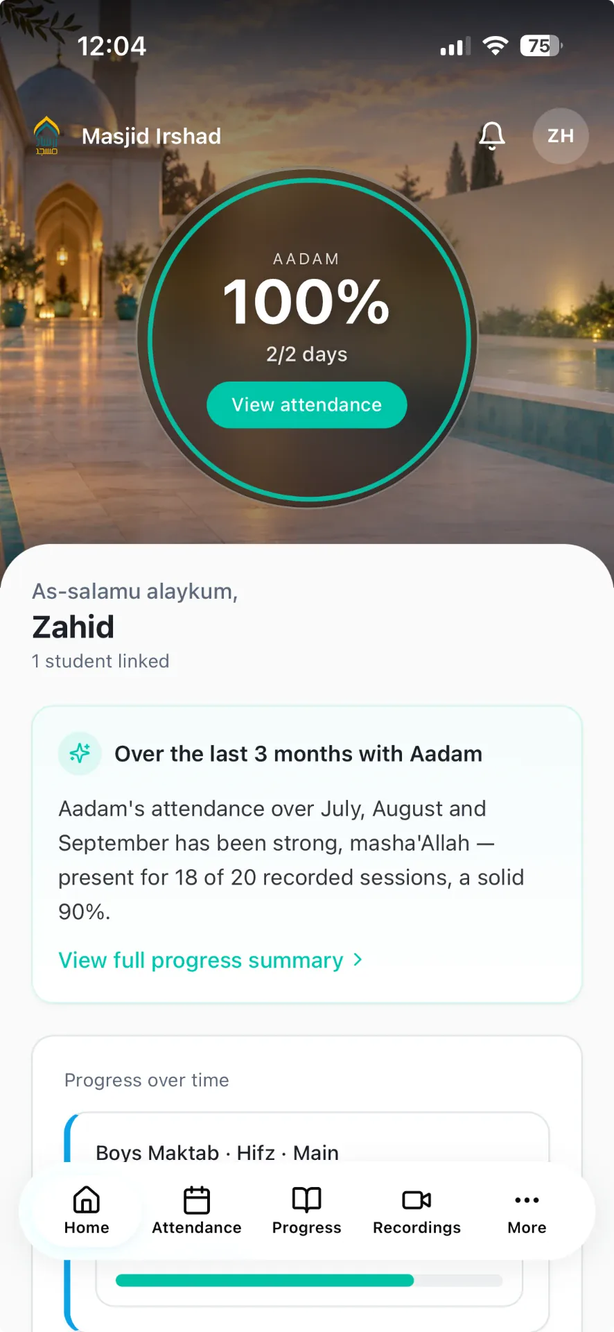 Labbaik Student Portal home screen for Masjid Irshad